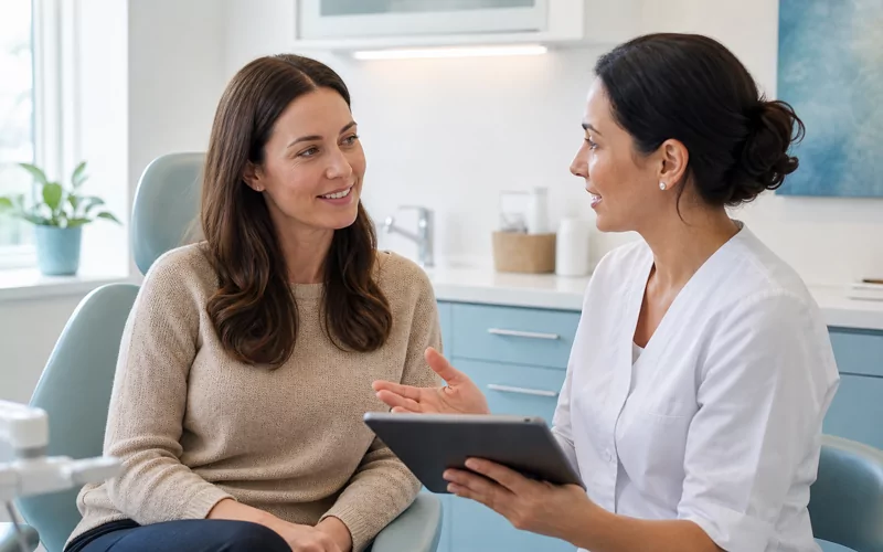 Dentist having a calm care conversation with a patient