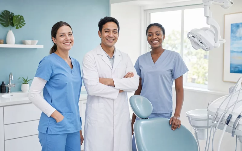 Dental team in a bright, modern treatment room