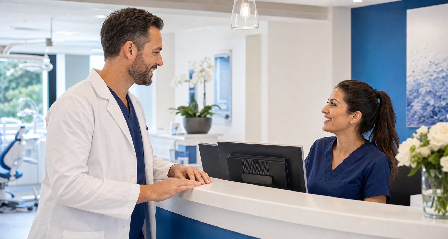 Dentist in a white coat speaking with a receptionist